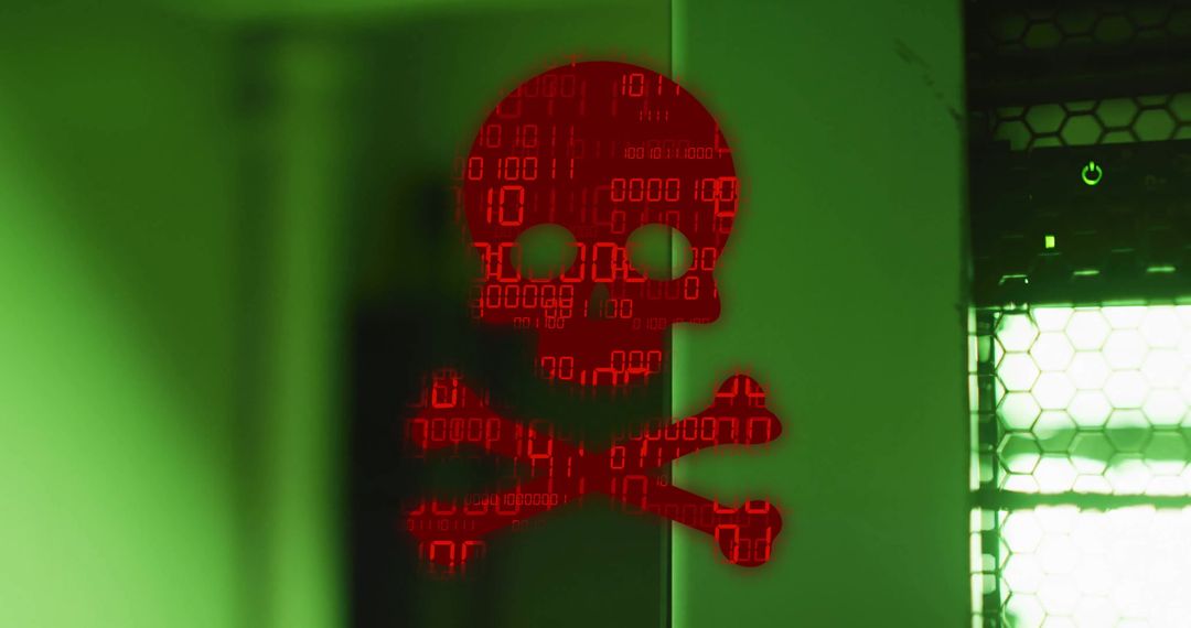 Cybersecurity Threat Skull Overlay on Binary Data