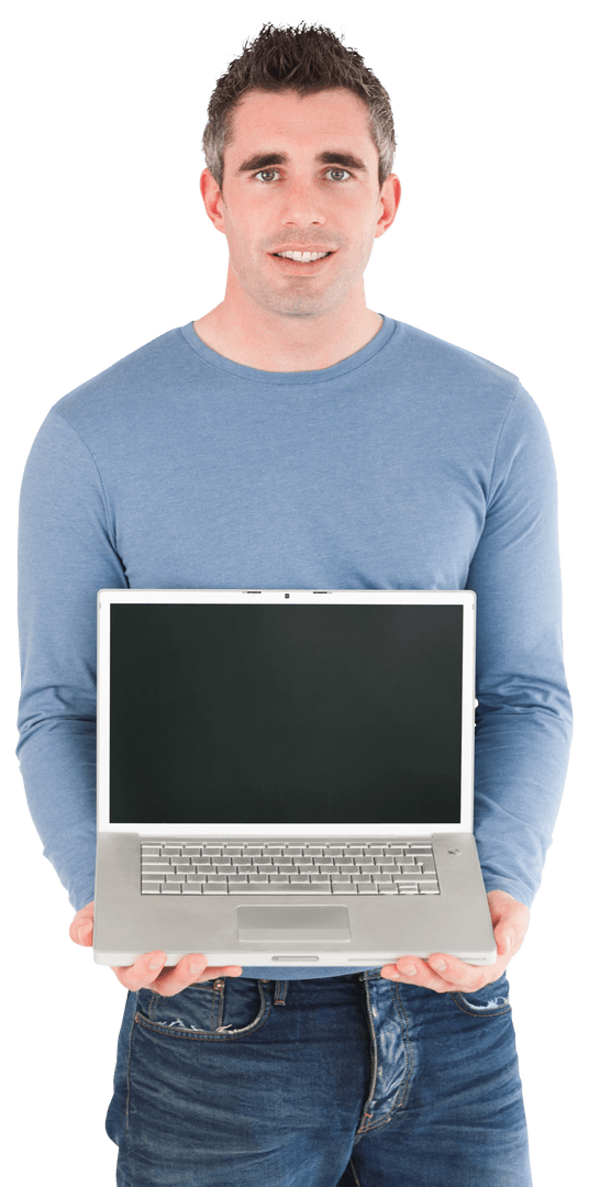 Man Holding Laptop with Blank Transparent Screen