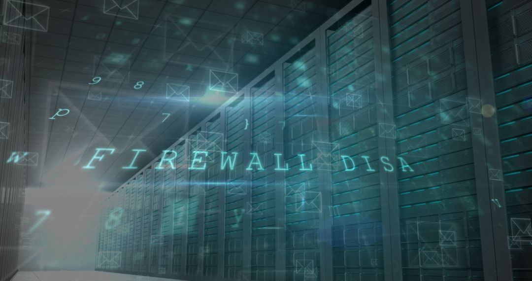 Cyber Attack Warning Over High-Tech Server Room with Envelope Icons