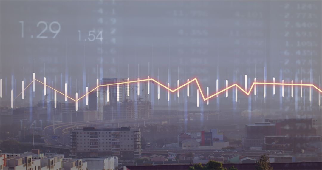 Futuristic Financial Data Display Over Urban Panorama