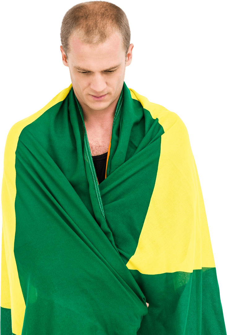Man Wrapped in Brazilian Flag Showing Pride on Transparent Background