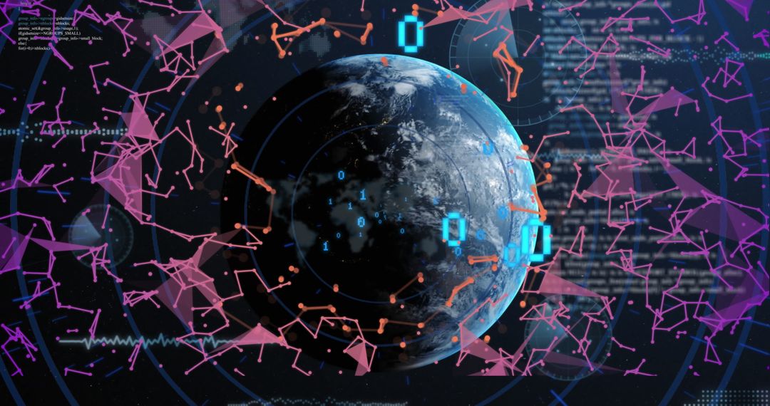 Earth with digital data visualization and binary coding