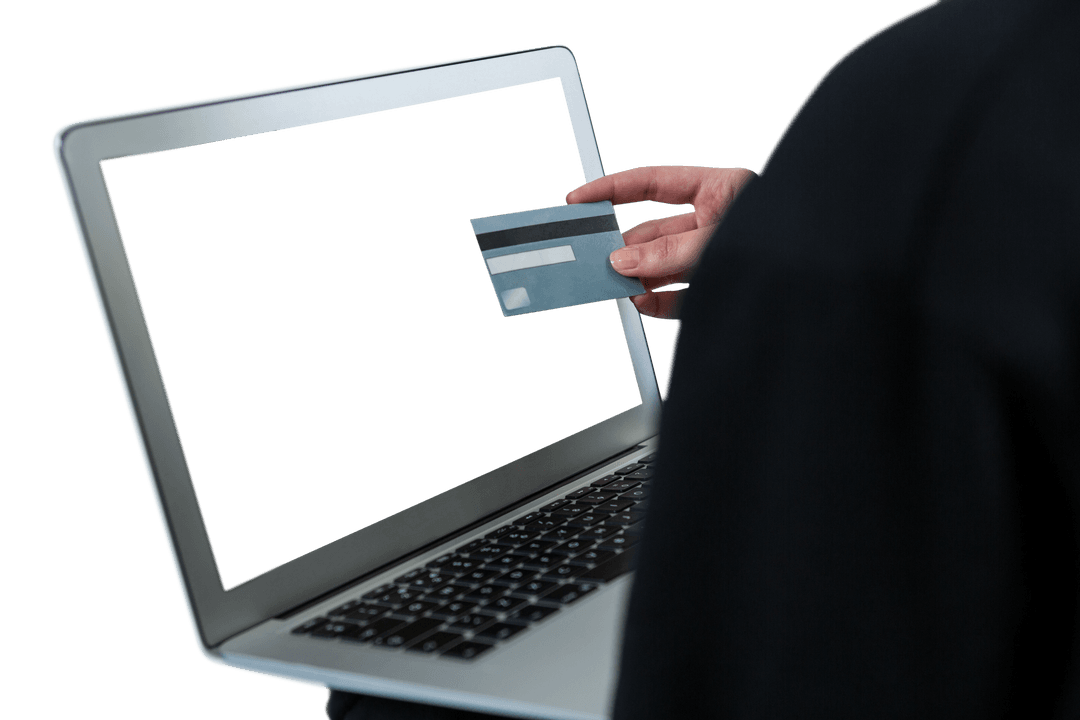 Transparent Hacker Using Laptop with Debit Card for Online Fraud