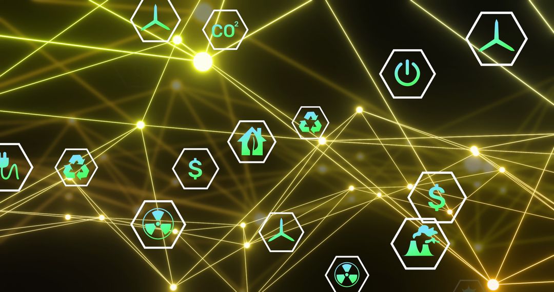 Tech-Inspired Network with Eco-Friendly Digital Icons in Light Grid