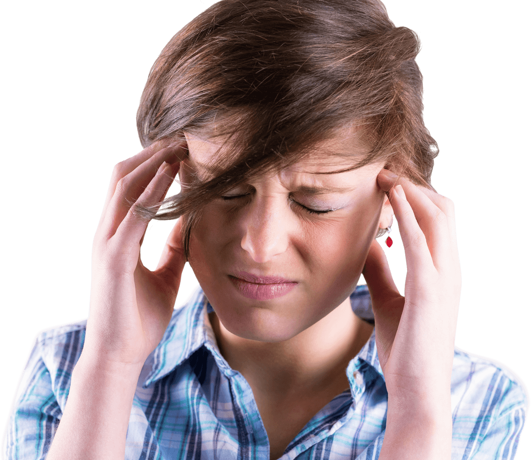Transparent Image of Brunette Experiencing Headache with Hands on Head