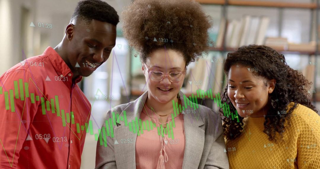 Diverse Team Analyzing Financial Data on Transparent Screen in Office