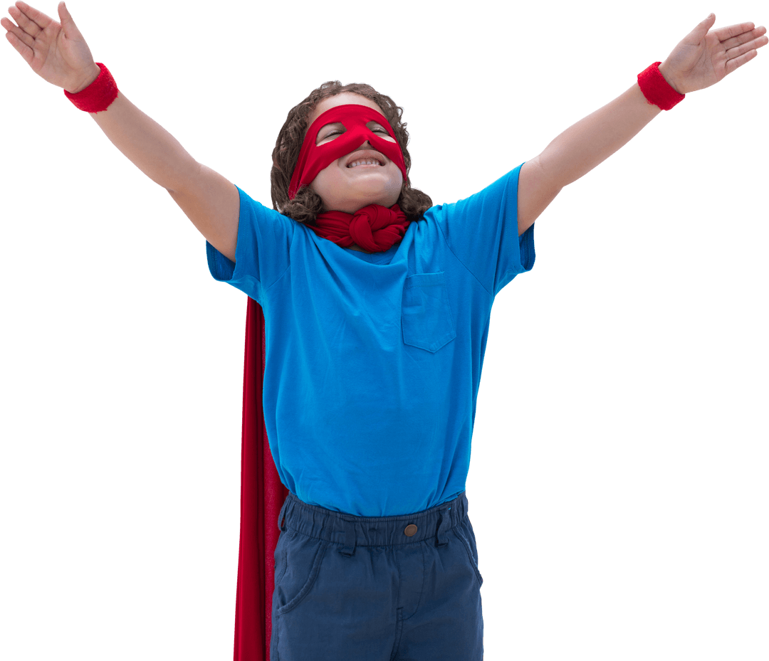 Playful Child in Hero Costume with Outstretched Arms on a Transparent Background