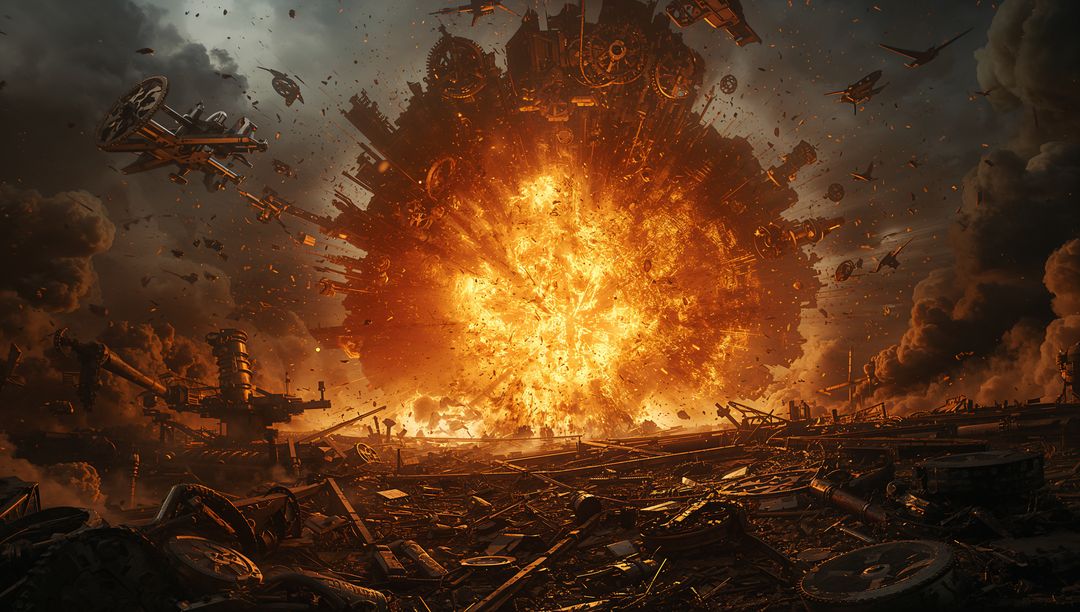 Futuristic Fiery Explosion in Mechanical Wasteland