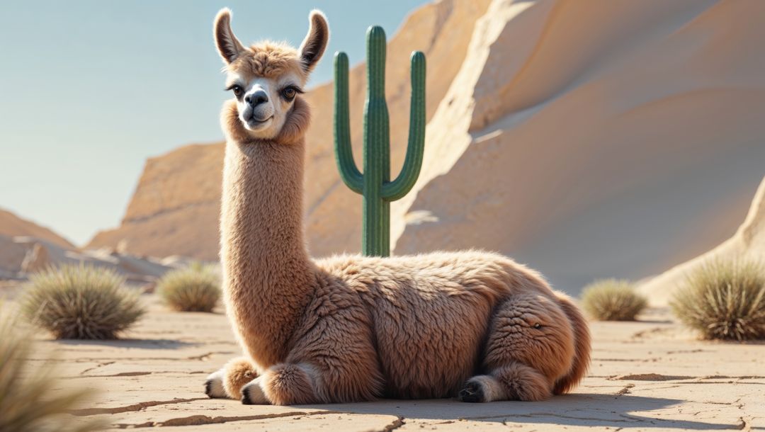 Fluffy brown llama relaxing in desert landscape under cactus