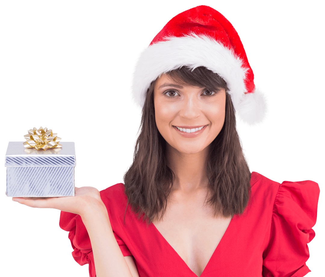 Smiling Woman in Santa Hat Holding Gift Box Transparent Background