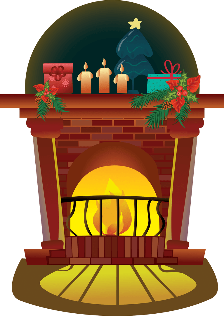 Festive Christmas Fireplace Illustration with Transparent Background