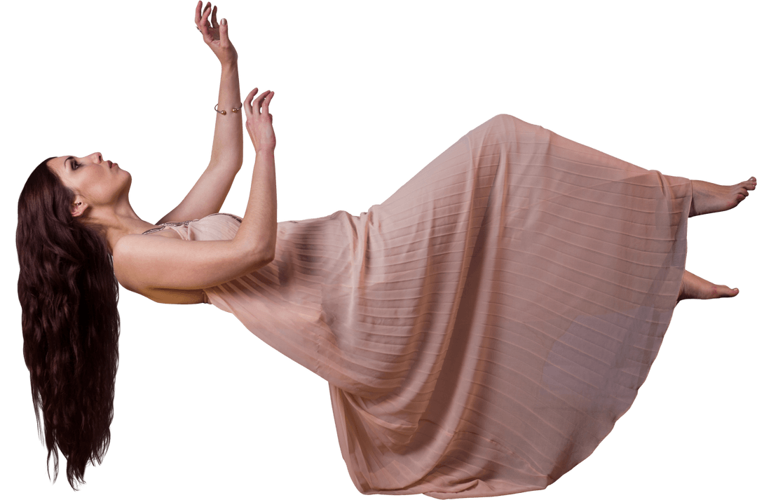 Ethereal Woman Levitating in Air with Flowing Dress