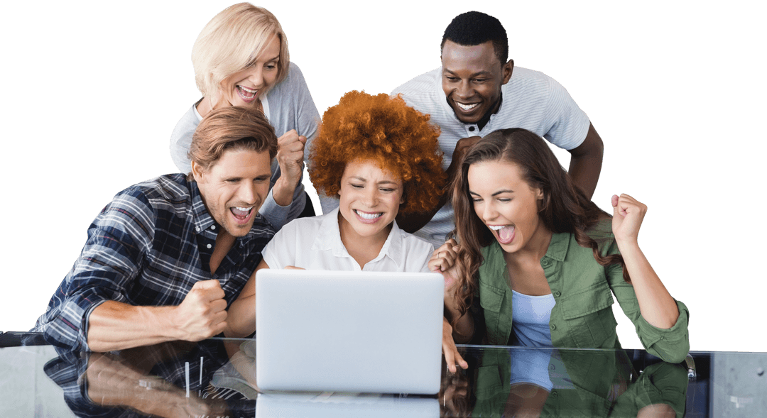 Diverse Colleagues Celebrating Success Over Computer Transparent Background