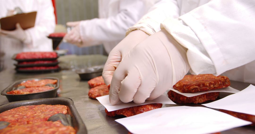 Workers at Meat Processing Plant Packaging Raw Beef Patties - Free Images, Stock Photos and Pictures on Pikwizard.com