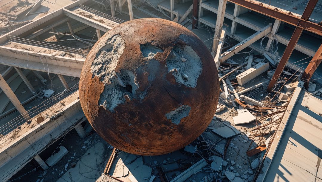 Massive rusted wrecking ball in abandoned industrial site