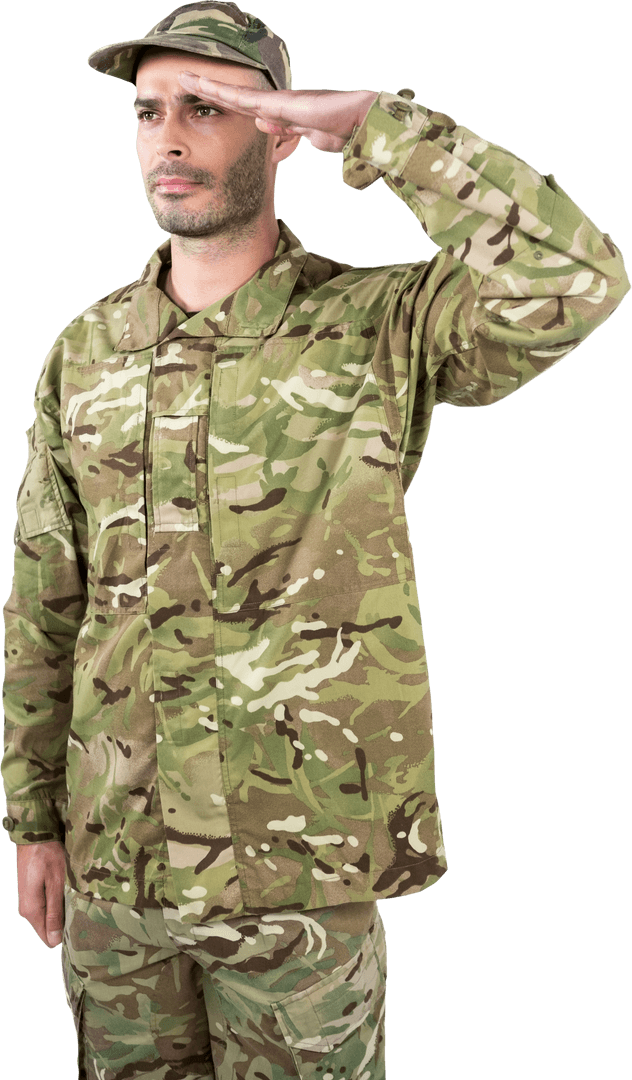 Caucasian Soldier Saluting on Transparent Background Isolated