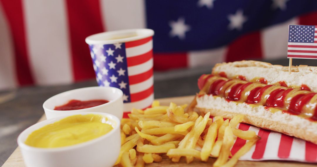 Image of hot dogs with mustard, ketchup and chips over flag of usa on a wooden surface - Free Images, Stock Photos and Pictures on Pikwizard.com