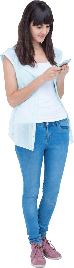 Smiling Woman Interacting with Smartphone Transparent Background