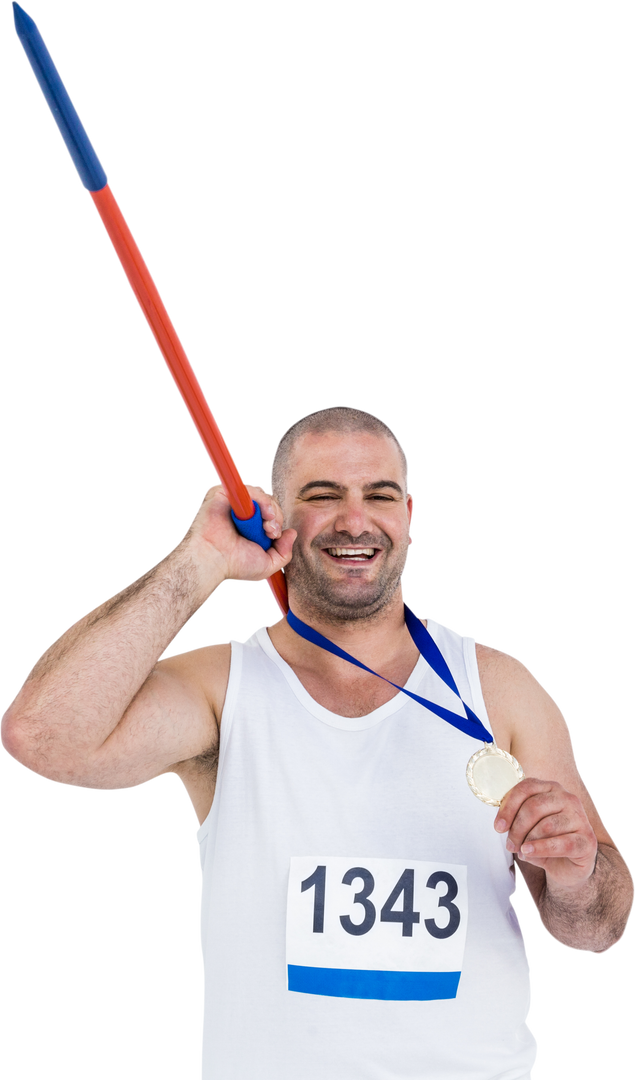 Happy Athlete Holding Javelin with Gold Medal on Transparent Background - Download Free Stock Images Pikwizard.com