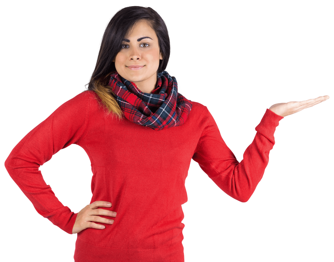 Smiling Woman in Red Sweater and Tartan Scarf with Hand Raised