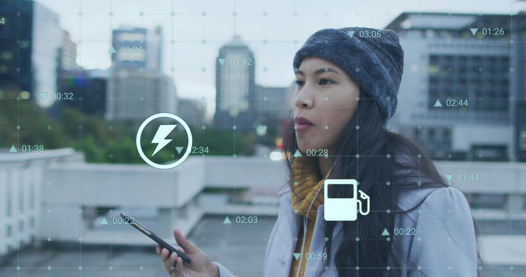 Woman Engaging with Digital Data Overlay in Urban City