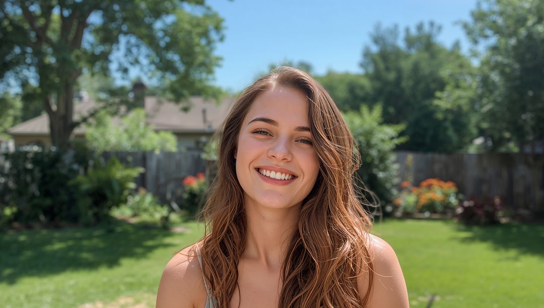 Smiling Woman Relaxing in Sunny Suburban Backyard