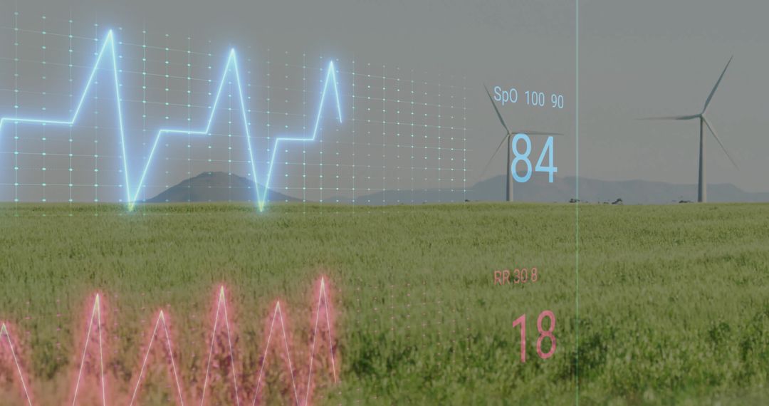 Futuristic Health Data Interface in Renewable Landscape with Wind Turbines
