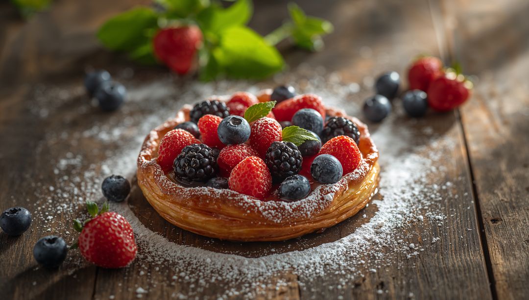 Sunlit mixed berry puff pastry tart on rustic wood with powdered sugar dusting