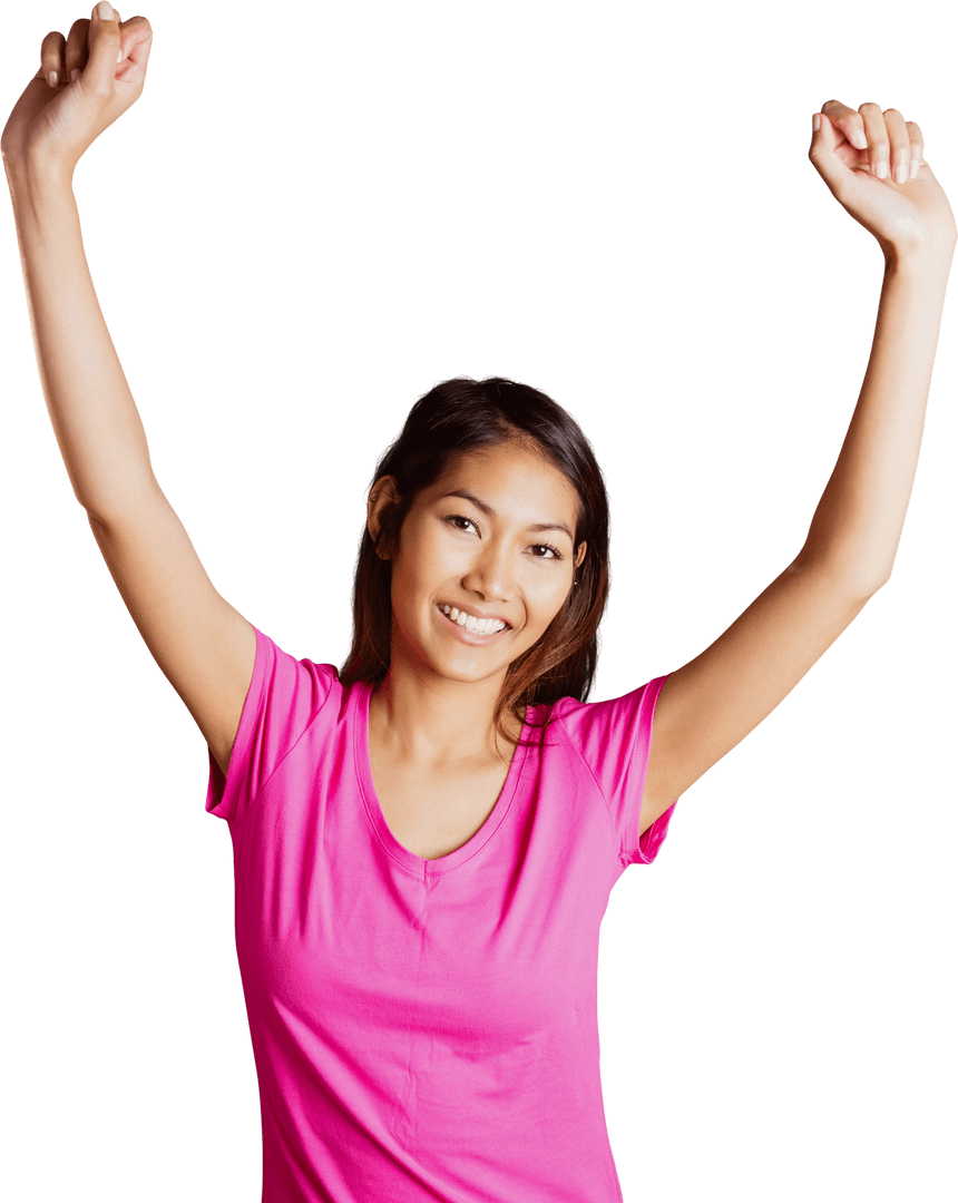 Asian Woman Raising Arms with Joy on Transparent Background