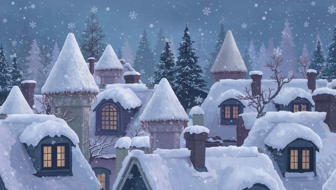 Glowing Dormer Windows Warming Snow-Laden Gabled Roofs and Turrets at Winter Dusk