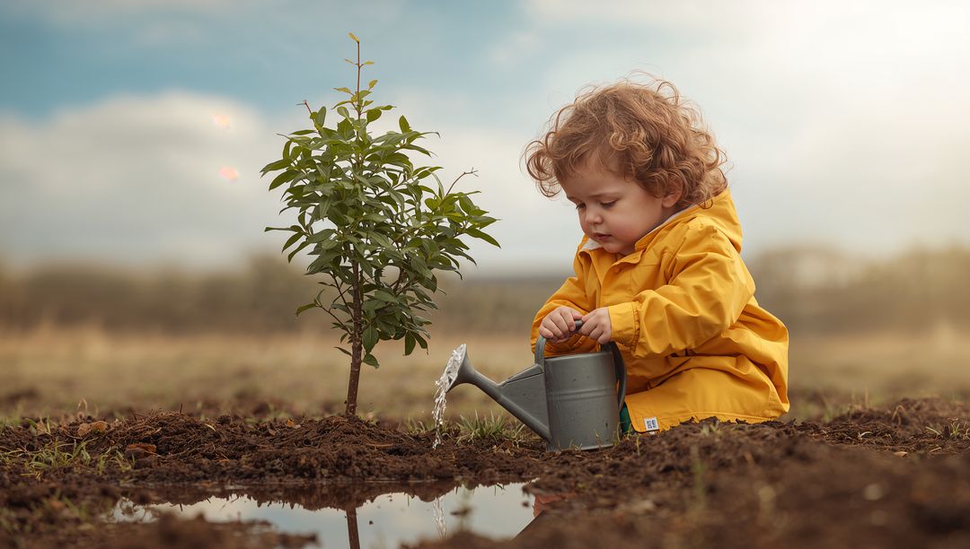 Child Nurturing Young Sapling with Watering Can in Muddy Field