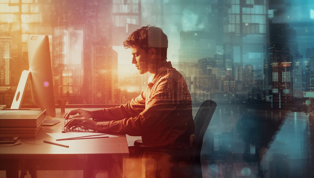 Focused Developer Coding in Modern Office with Urban Cityscape Overlay