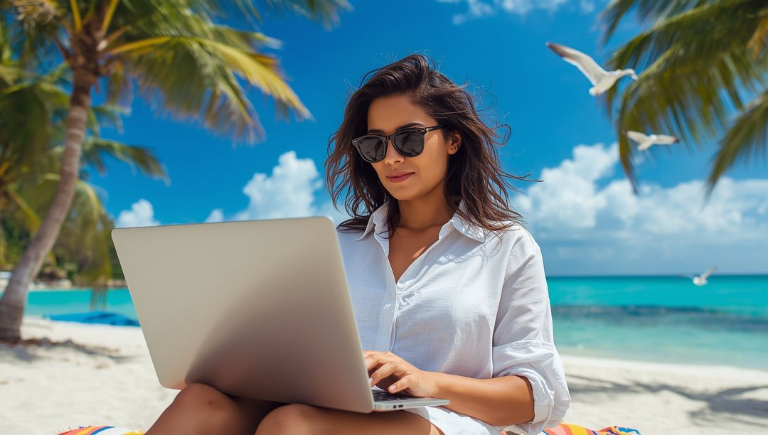 Woman Using Laptop on Tropical Beach with Palm Trees and Seagulls