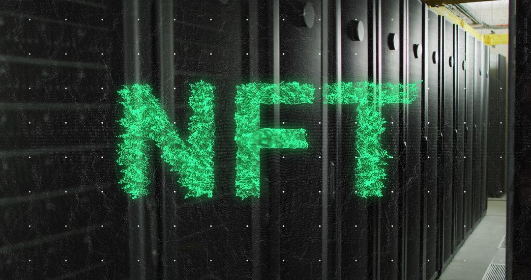 NFT Neon Text Amidst Futuristic Server Room