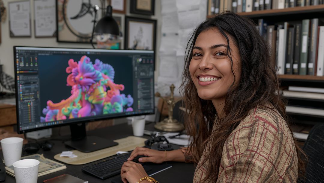 Smiling digital artist working at desk editing vibrant 3D art on widescreen monitor