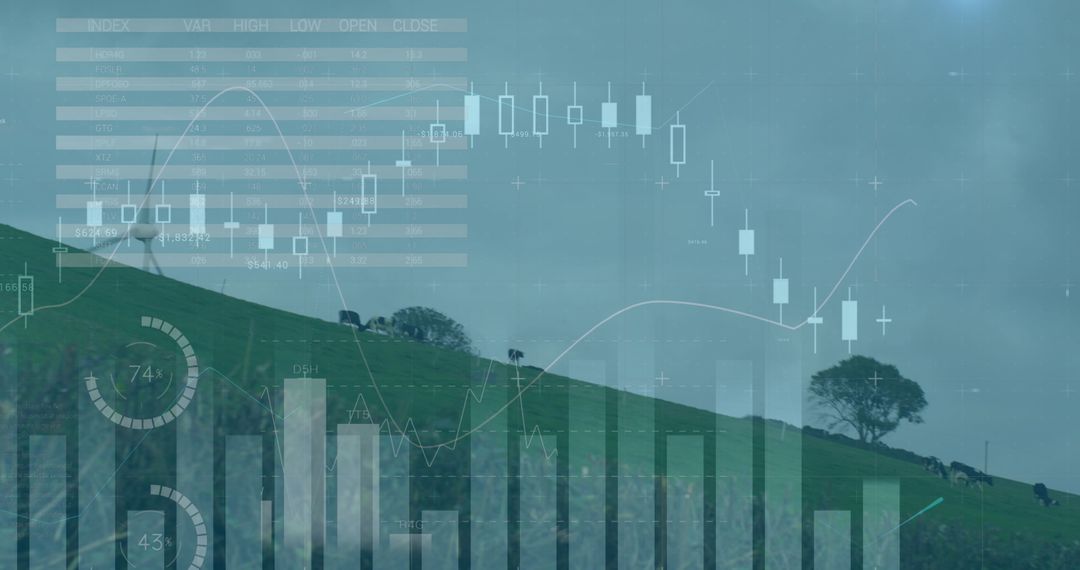 Wind Turbines and Stock Graphs Illustrating Global Economics