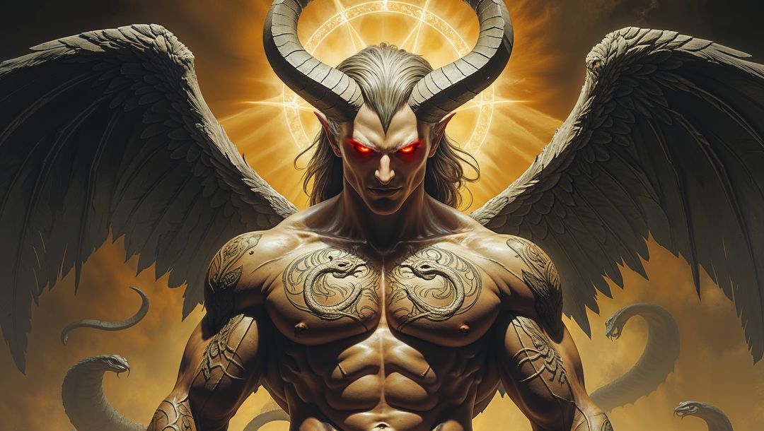 Dramatic Winged Mythical Being with Glowing Halo and Serpents