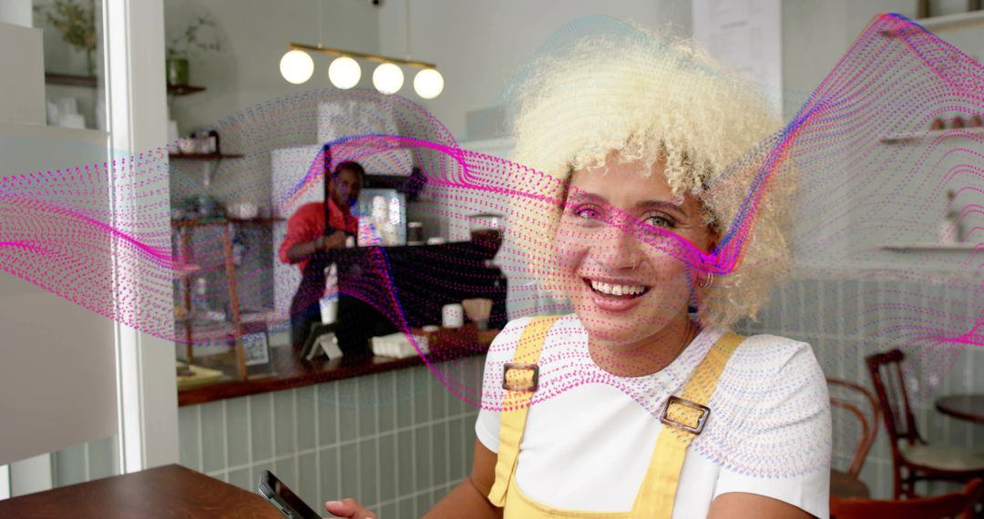 Smiling Woman in Cafe Sitting with Smartphone and Abstract Wave