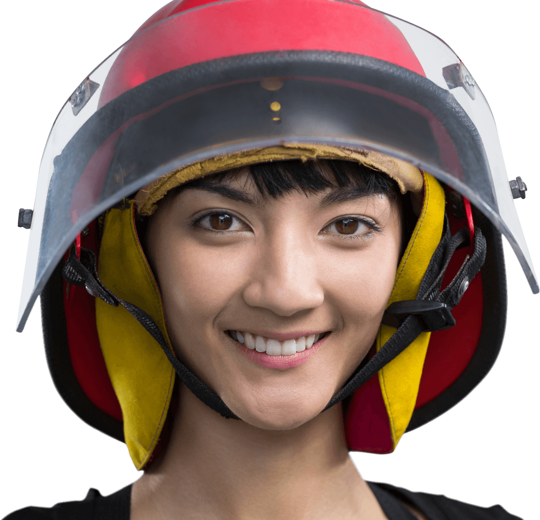 Smiling Female Architect with Transparent Helmet on White Background