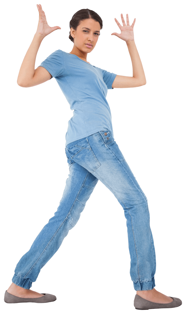 Confused Young Woman with Raised Hands on Transparent Background