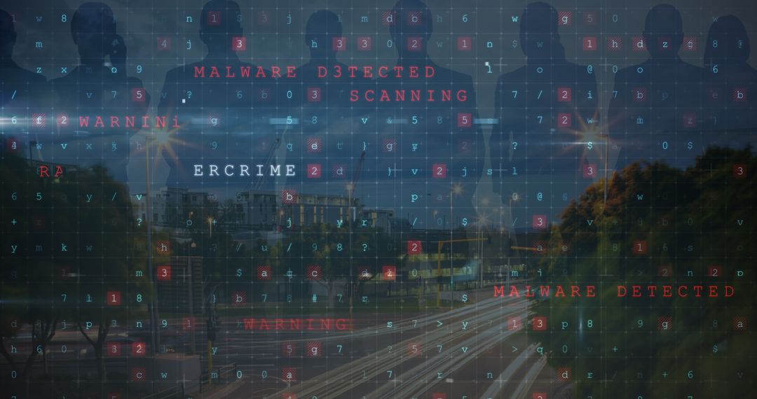 Cyber Attack Threat with Silhouettes Over Cityscape