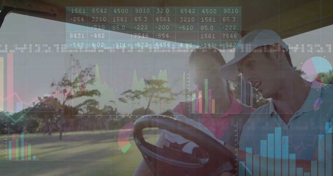 Two Friends Reviewing Digital Metrics While Riding Golf Cart