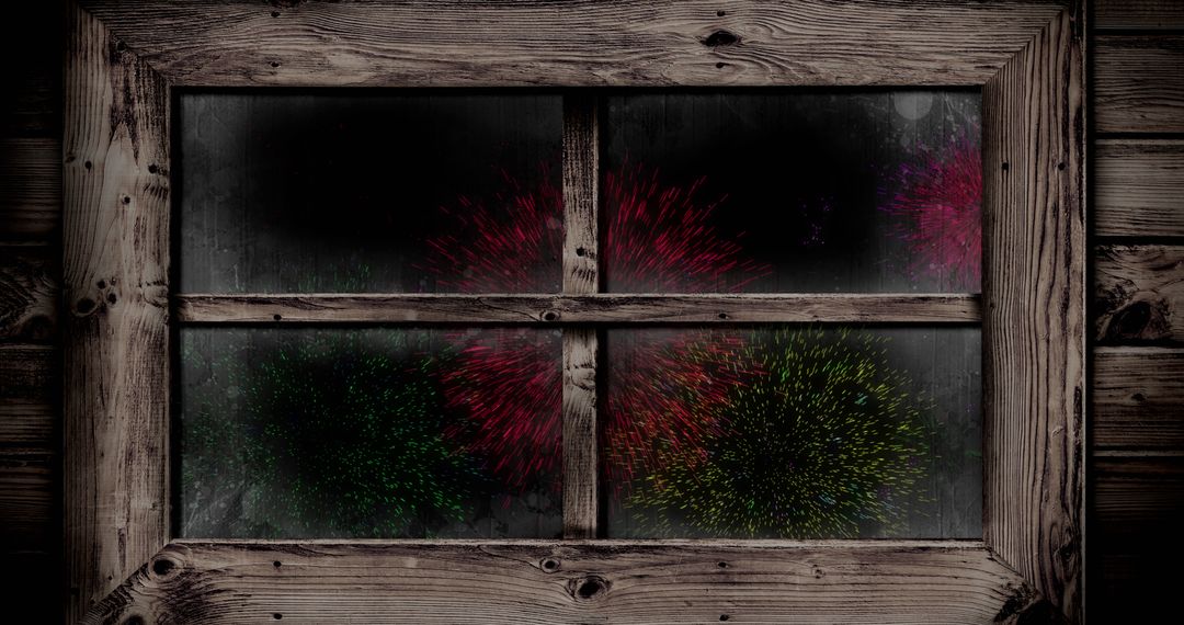 Colorful Fireworks Viewed Through Rustic Wooden Window Frame