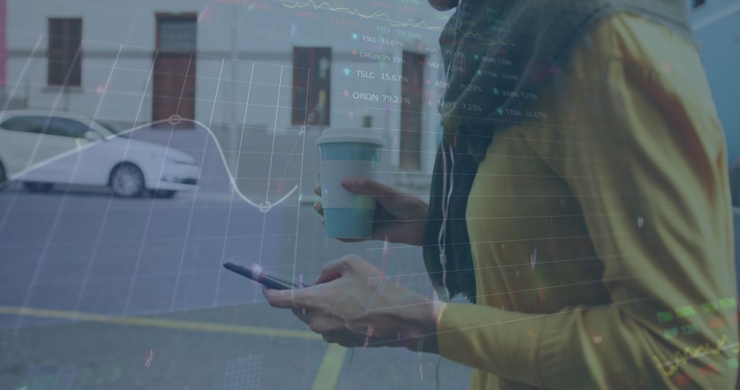 Woman Overlays Financial Graphs While Checking Smartphone