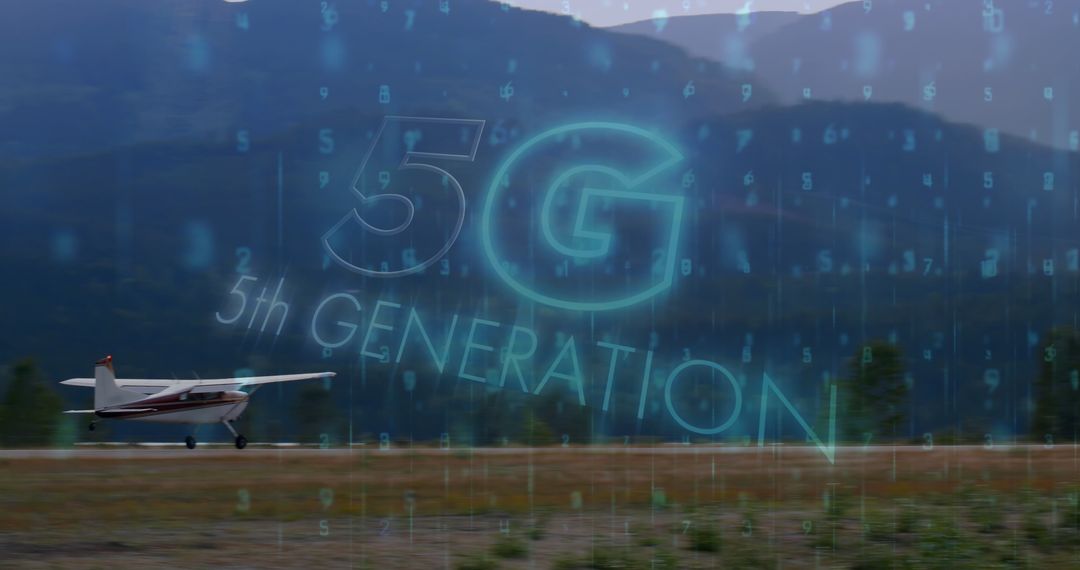 5G Technology Overlay on Airplane Landing Scene