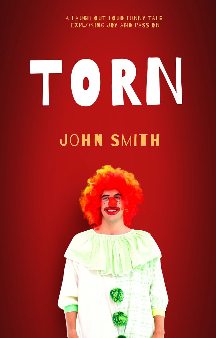 Comedic Novel Advertisement with Clown in Bright Costume