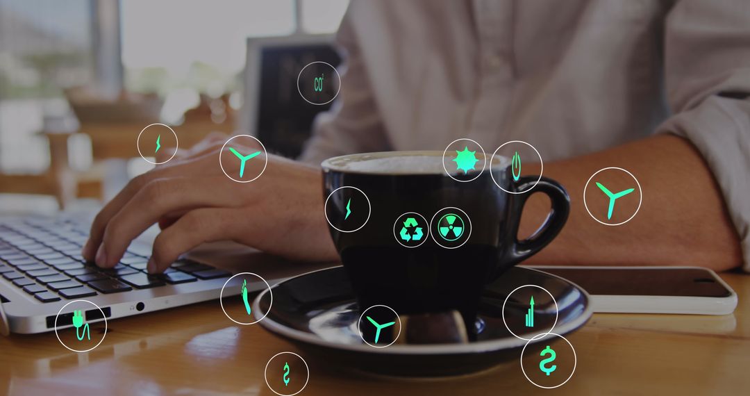 Coffee Cup with Environmental Icons by Technology User