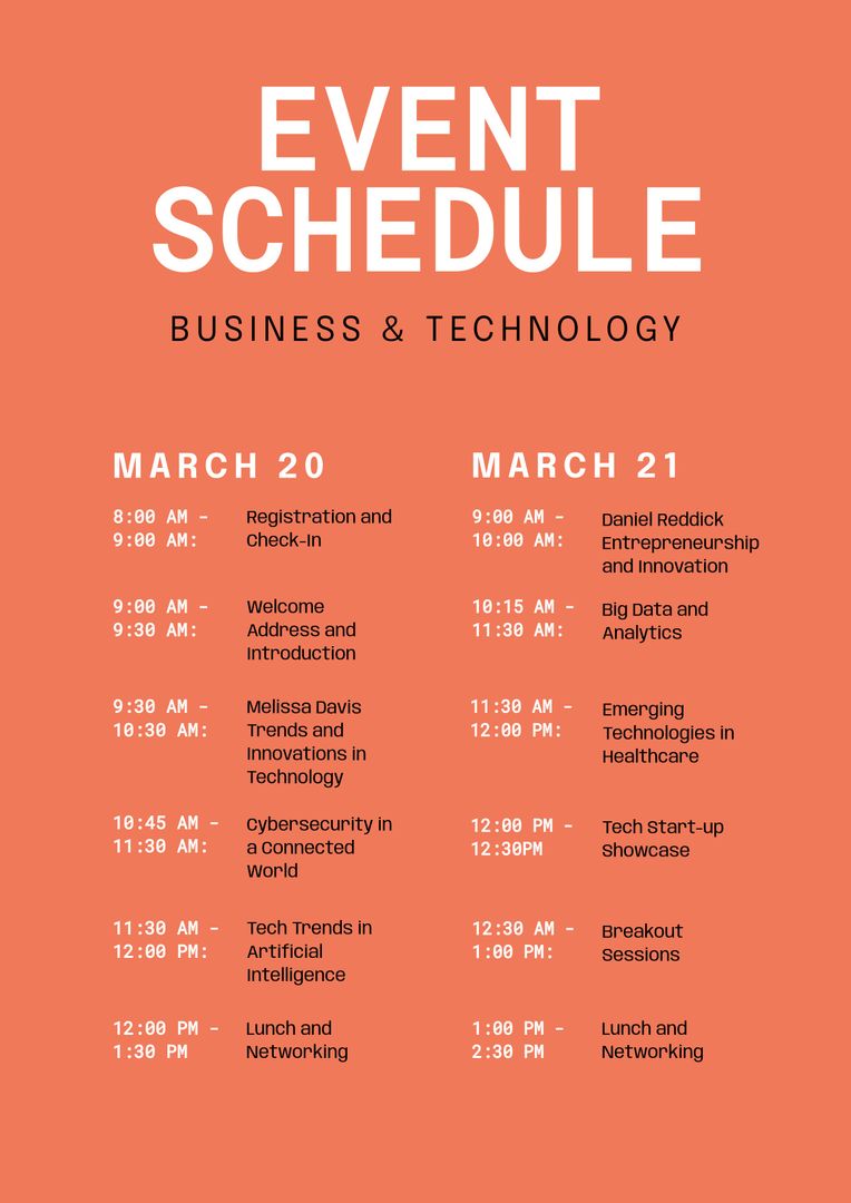 Business and Technology Event Schedule with Vibrant Orange Background - Download Free Stock Templates Pikwizard.com