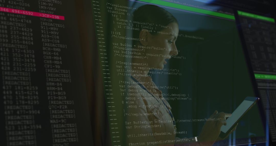 Female IT Specialist Working with Digital Interface in Server Room