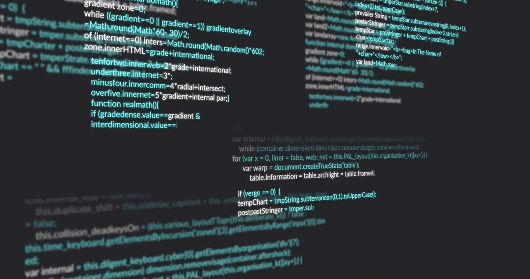 Closeup glowing code on dark monitor with JavaScript functions, loops and DOM references